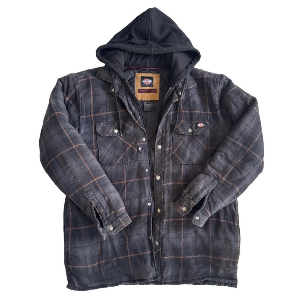 Dickies Mens Plaid Hooded Shirt Jacket Quilted Lined Flannel L Thrashed Utility